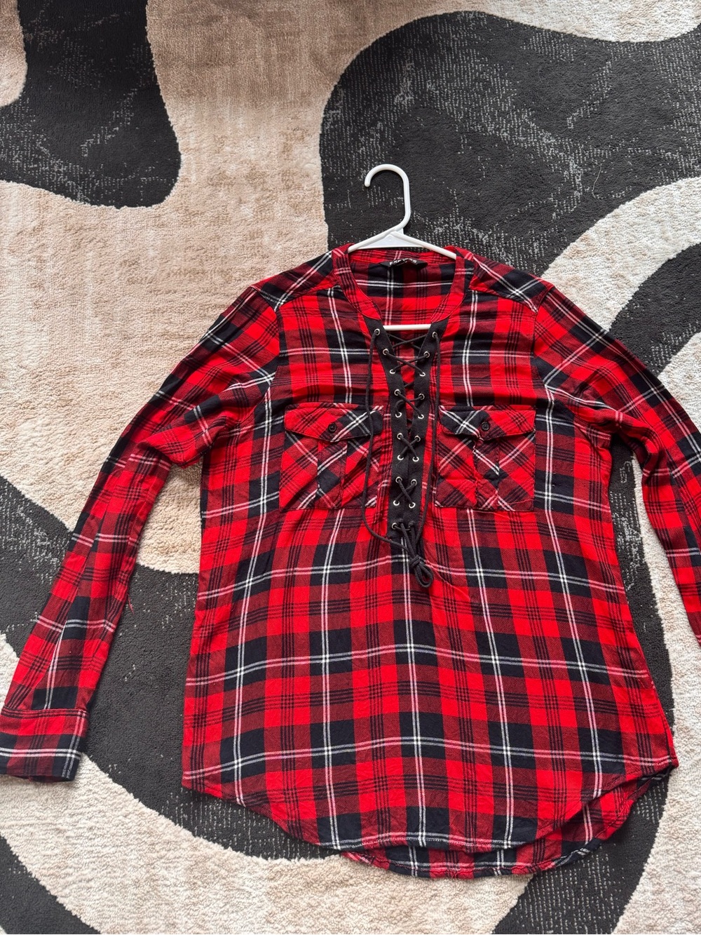 Express Red and Black Plaid Lace-Up Button Down Shirt